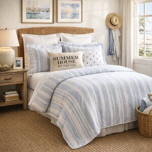 NIB- Beach Coastal Nautical Bay Stripe Comforter 100% Cotton Set Size King